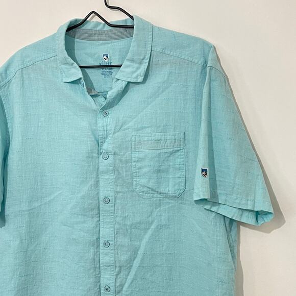 Kuhl Linen Blend Button Down Shirt Mens XL Light Blue Short Sleeve Summer Beach - Picture 5 of 7